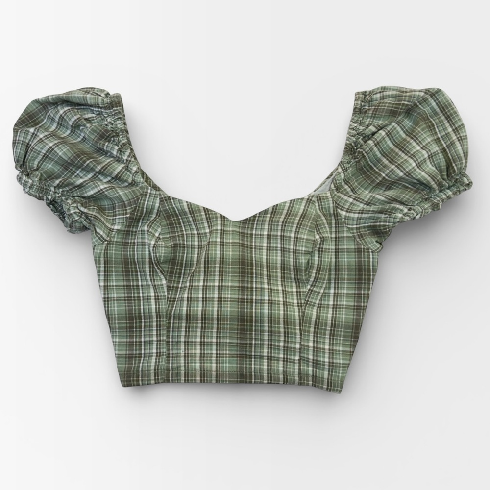 Dizzy Lizzy Women’s Green Plaid Milkmaid Corset Puff Sleeve Crop Top MEDIUM